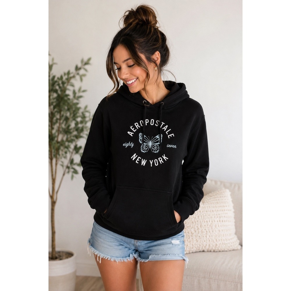 Aeropostale Womens Black Butterfly Y2K New‎ York Graphic Hoodie Sweatshirt S